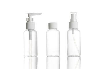 Gel bottle. Clear plastic blank for soap shampoo and mineral cosmetic isolated on white. Water cap...