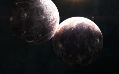 Inhabited planets in warm light somewhere in deep space. Science fiction. Elements of this image furnished by NASA
