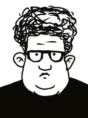 cartoon character funny fat man in glasses with curly hair isolated on white