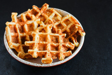 waffles sweet dessert Menu concept healthy eating. food background top view copy space for text table setting