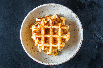 waffles sweet dessert Menu concept healthy eating. food background top view copy space for text table setting