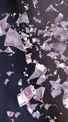 Flying euro banknotes on a outer space starry background. Money flying in the outer space. 500 EURO in color. Vertical orientation. 3D illustration
