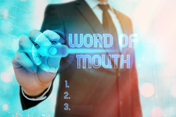 Writing note showing Word Of Mouth. Business concept for information that is transmitted without...