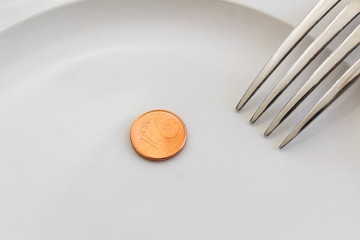 Euro cent coin on white plate with fork food economy crisis eat savings concept