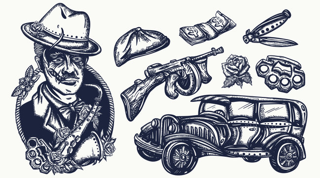 Mafia. Graphic tattoo collection. Crime boss plays saxophone, retro criminal car, robbers, bandits weapons. Noir movie art. Traditional tattooing style