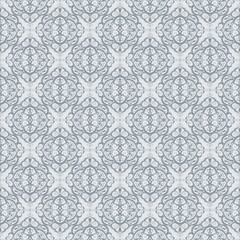 Vintage line art pattern with white seamless monochrome pattern on gray background for fabric design.