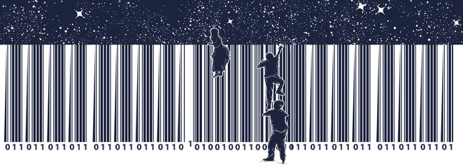 Bar code. Children climb over fence. Symbol of freedom and slavery, consumer society, globalization, future of mankind, digital world, big brother. Black and white surreal graphic - obrazy, fototapety, plakaty