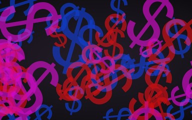 Multicolored translucent dollar signs on dark background. Red tones. 3D illustration