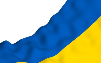 The flag of Ukraine on a white background. National flag and state ensign. Blue and yellow bicolour. 3D illustration waving flag