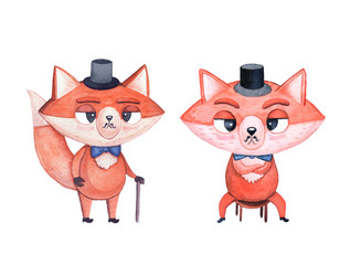 Set of animal characters. Fox businessman in a black cylinder hat with a bow tie. Watercolor isolated illustration