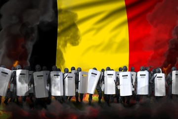 Belgium protest fighting concept, police swat in heavy smoke and fire protecting state against riot - military 3D Illustration on flag background
