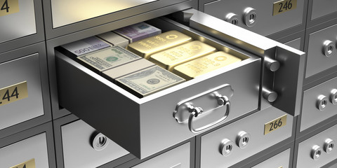 Safe bank deposit box with money banknotes and gold bars in a drawer. 3d illustration - obrazy, fototapety, plakaty