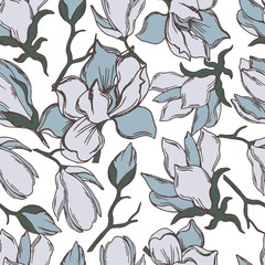 Magnolia Flower Blossoming Buds with Showy Petals Vector Seamless Pattern