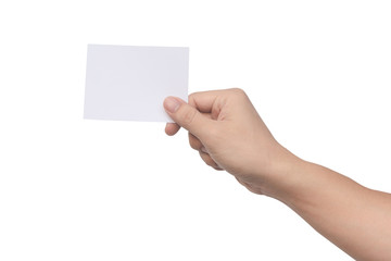 Obraz premium Hand holding white paper isolated on white with clipping path.
