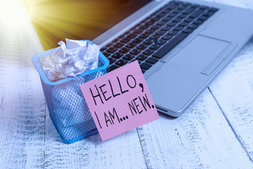 Text sign showing Hello I Am New. Business photo showcasing used greeting or begin telephone...