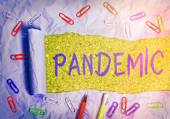 Word writing text Pandemic. Business photo showcasing occurring over a wide area affecting high...