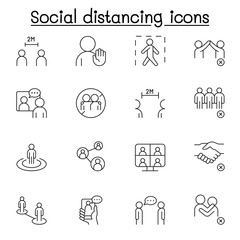 Social distancing icons set in thin line style
