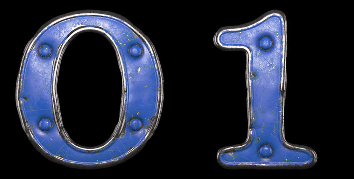 Set of numbers 0, 1 made of painted metal with blue rivets on black background. 3d