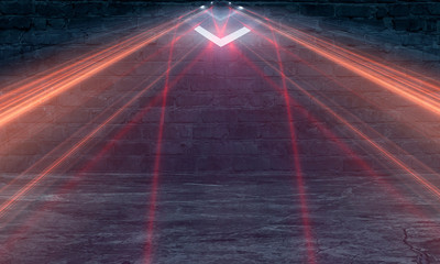 Neon brick wall. Empty old corridor, hall, garage, studio, stage. Light rays, spotlights, spots. Smoke fog, blue, yellow neon light. Concrete floor.