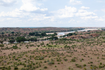 View over the confluence of the Limpopo and Shashe rivers in Mapungubwe National Park. It forms the...