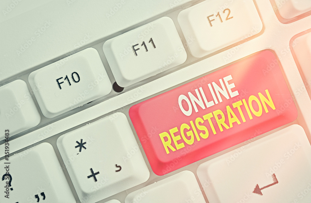 Poster word writing text online registration. business photo showcasing system for subscribing or registeri