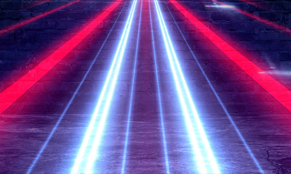 Neon brick wall. Empty old corridor, hall, garage, studio, stage. Light rays, spotlights, spots. Smoke fog, blue, yellow neon light. Concrete floor.