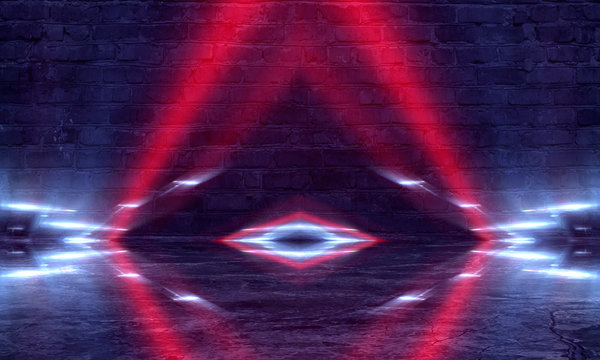 Neon brick wall. Empty old corridor, hall, garage, studio, stage. Light rays, spotlights, spots. Smoke fog, blue, yellow neon light. Concrete floor.