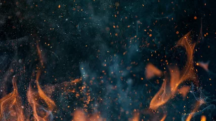 Foto auf Acrylglas Feuer Feuerflammen mit Funken auf schwarzem Hintergrund, Nahaufnahme