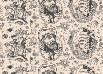 Fototapeta na wymiar Pirate. Sea adventure seamless pattern. Marine background. Captain, parrot, ship in storm, girl filibuster, compass, anchor, treasure island, swallows. Caribbean robbers. Traditional tattooing style