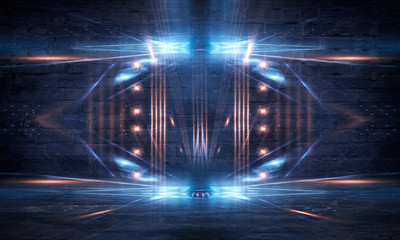 Neon brick wall. Empty old corridor, hall, garage, studio, stage. Light rays, spotlights, spots. Smoke fog, blue, yellow neon light. Concrete floor.