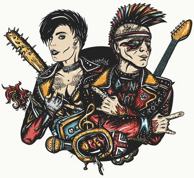Punk rock. Musicians and electric guitar. Punker with mohawk hairstyle, guitarist. Anarchy art. Street music culture. Tattoo and t-shirt design. Rock and roll couple. Hooligans lifestyle