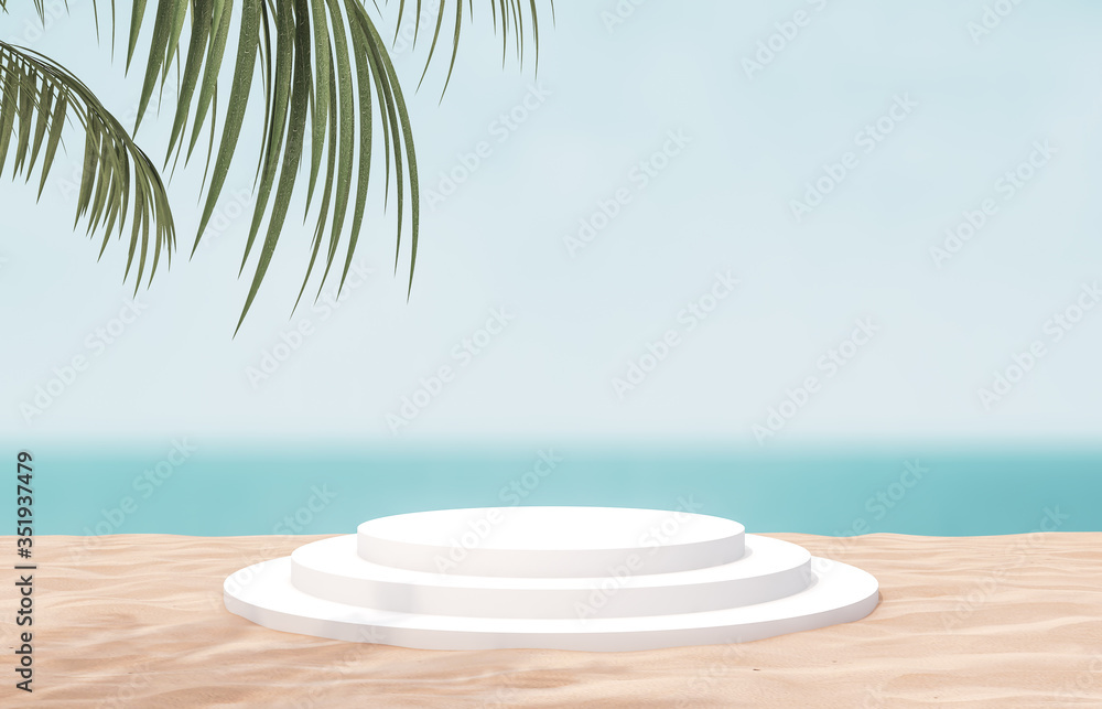 Aufkleber natural summer beach backdrop with white cylinder box and palm tree for product display. 3d summer s