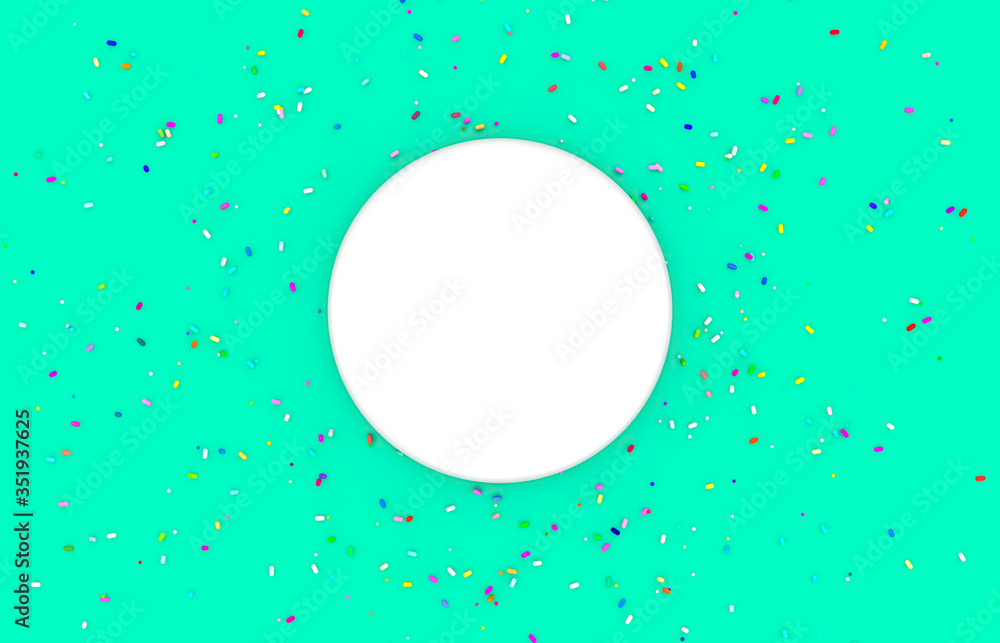 Aufkleber empty purple candy round box with colorful sprinkles on green background for product display. 3d ren