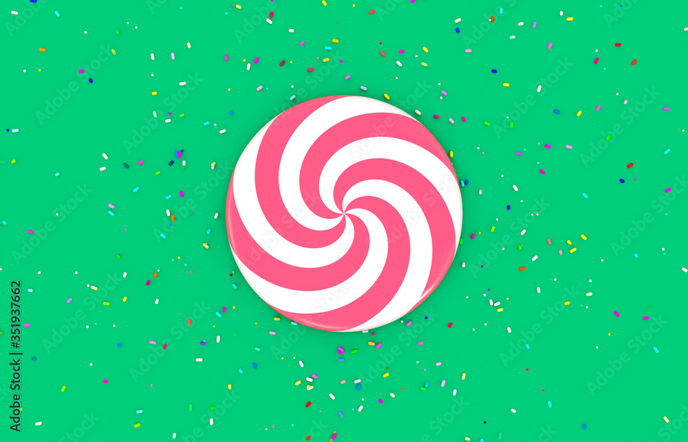 Aufkleber empty red candy round box with colorful sprinkles on green background for product display. 3d render