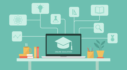 e-learning or online education, home school on computer laptop screen, distance learning, online course concept, new normal, vector flat illustration