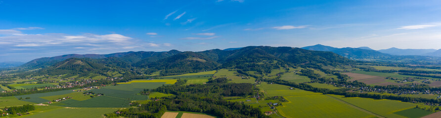 Fototapeta na wymiar Aerial View of Panoramic view on Lysa Hora peak in Moravskoslezske Beskydy mountains close to Havirov , Czech