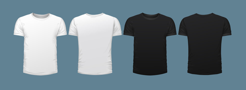 Set of four blank fronted T-shirts, two black, two white isolated on grey for use as clothing design templates, vector illustration