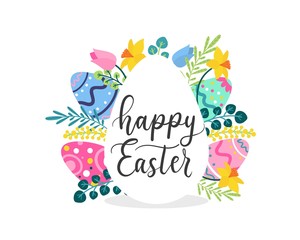 Easter greeting card with blossoms and lettering vector illustration. Bright colourful decorations flat style. Warm spring holiday concept. Isolated on white background