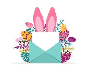 Easter season greeting card with flowers and envelope vector illustration. Pink bunny ears and floral decoration flat style. Painted eggs. Spring holiday concept. Isolated on white