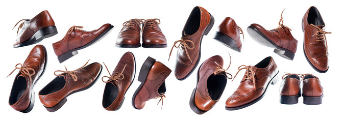 Set of classic brown leather shoes in perspective on white