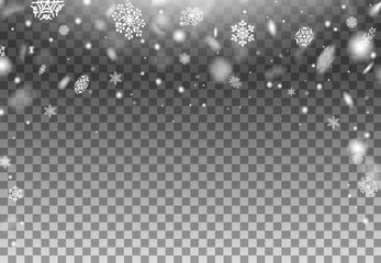 Realistic magic winter snowflakes flying and falling vector illustration. White gradient decorative element flat style. Christmas and holiday concept. Transparent background