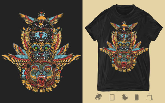 Golden wings, black panther, tiger and grizzly bear head. Mayan and Aztec style. Creative print for dark clothes. T-shirt design. Template for posters, textiles, apparels. Ancient totem