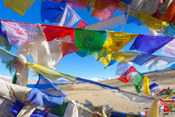 Praying flags at ancient Buddhist temple in Ladakh
