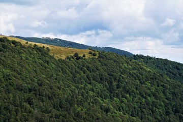 Fototapeta na wymiar Tree less mountain tops with forest at the flanks spotted in the Vosges