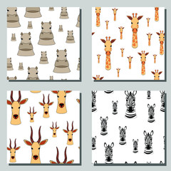 Set of seamless textures with zebra, antelope, giraffe and hippo heads in random order. Collection of african animalistic patterns. Children's cartoon characters on fabric, wallpaper or packaging.
