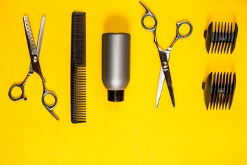 hairdressing accessories on a yellow background look from above, mock up, nobody