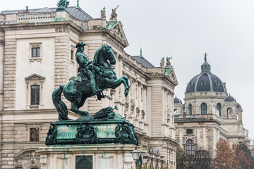 Fototapeta na wymiar Equestrian statue of Prince Eugene Francis of Savoy–Carignano in front of The Hofburg, was a field marshal in the army of the Holy Roman Empire and of the Austrian Habsburg dynasty