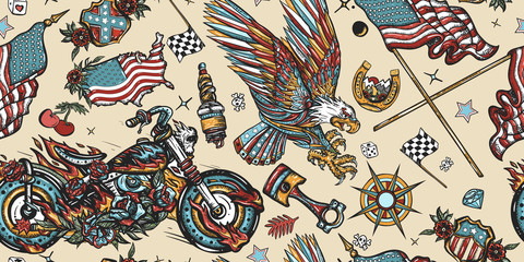 Bikers pattern. Bearded biker man and motorcycle. American patriotic eagle, moto sport flags, USA maps. Racing sport art, spark plugs, motor. Lifestyle of racers. Traditional tattooing background