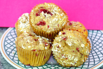Homemade fresh raspberry and oatmeal vegan muffins