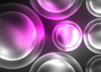 Glowing neon shiny transparent bubbles, glass circles or bio cell concept. Techno futuristic vector abstract background For Wallpaper, Banner, Background, Card, Book Illustration, landing page